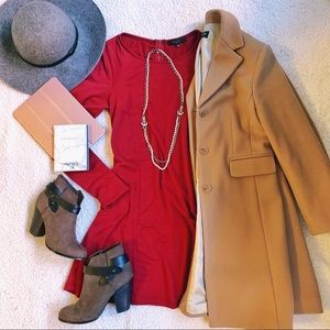 Red long sleeve shift dress with pockets
